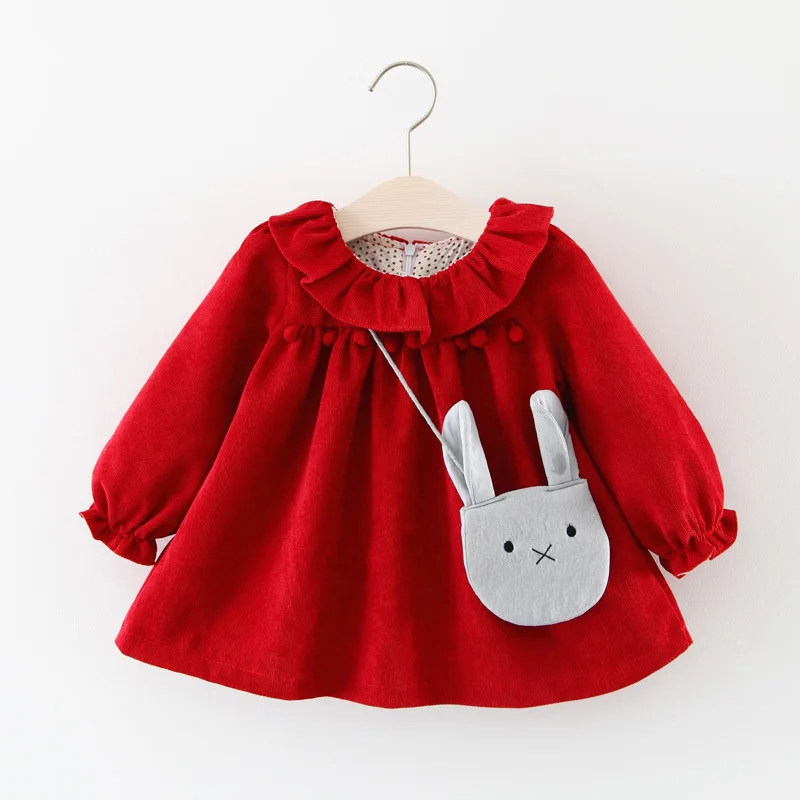 Baby Girl Clothes Children Casual Dress Toddler Solid Bow Long Sleeve Princess Dresses Outfit Infant Spring Dress with bag