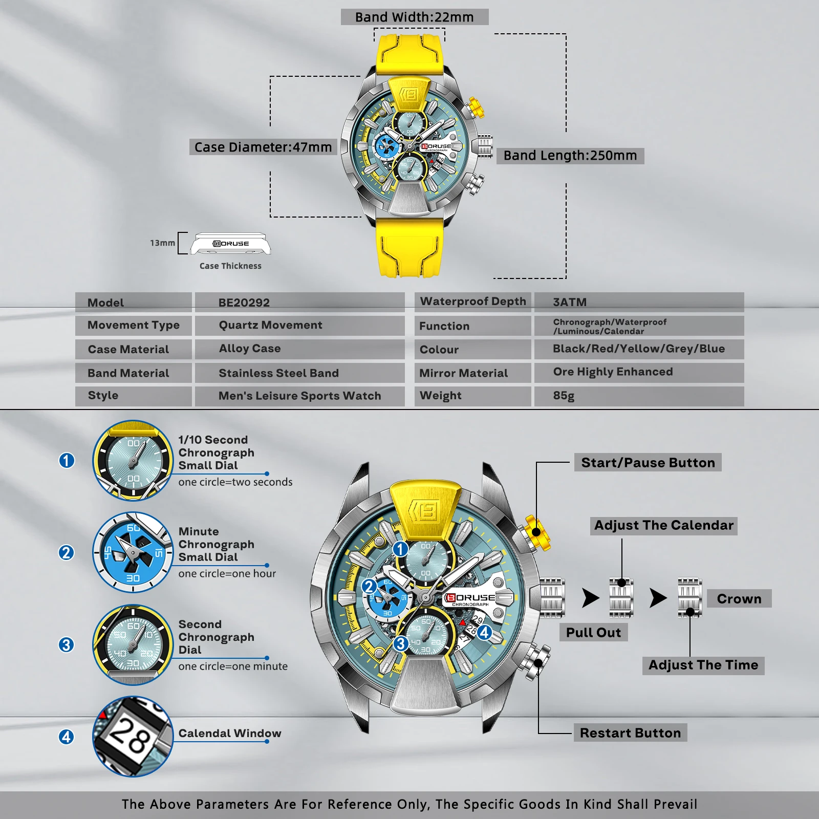 BORUSE Yellow Watches for Men Business Chronograph  Silicone Waterproof Quartz Wristwatch Reloj Hombre