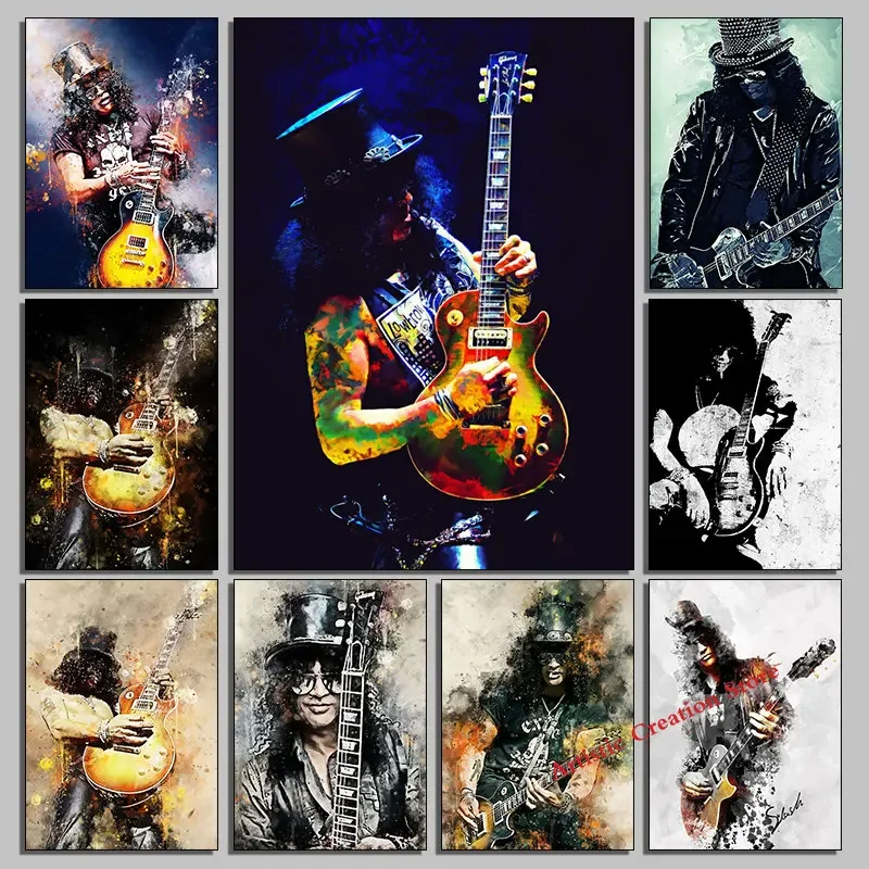 Slash Guitarist Watercolor Canvas Art - Vintage Abstract Rock Singer Wall Decor for Living Room & Bedroom