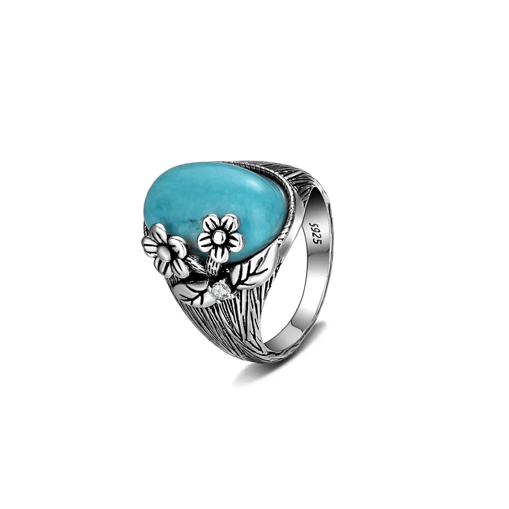 11*17MM Natural Turquoise Moonstone Ring Sterling Silver 925 Rings for Women Gift Retro Flower Fine Jewelry Wholesale