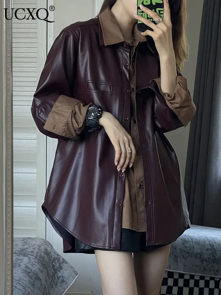 UCXQ Fashion PU Leather Jacket Tamperament Vintage All Match Lapel Street Tide Shirt Outerwear Women 2025 New Spring Autumn 2694