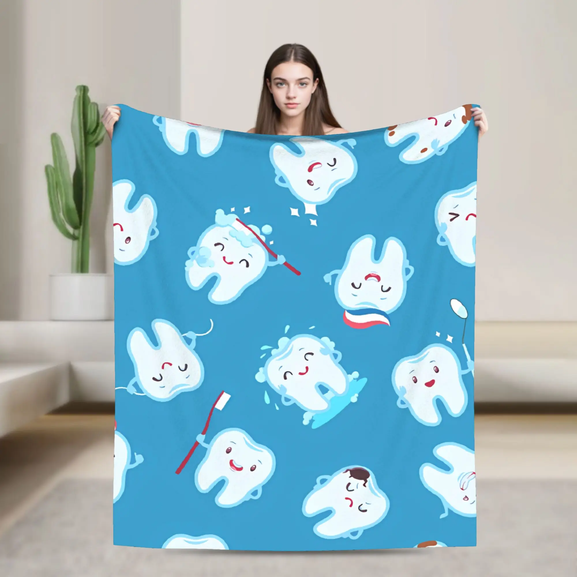 Cute Tooth Light Blue Brush Flannel Blankets  Warm Throw Blanket for Living Room Travel Print Bedspread Sofa Bed Cover