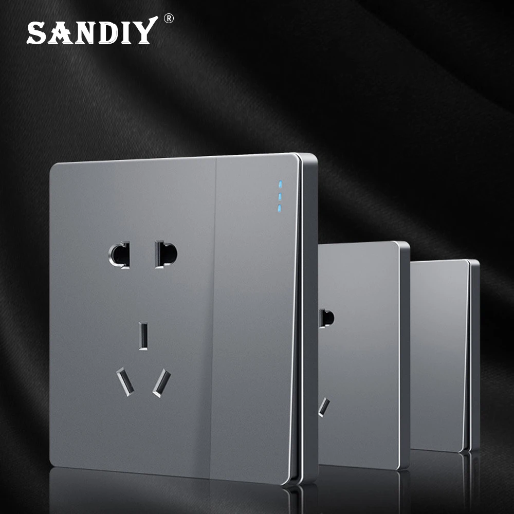 SANDIY Eu Us Standard Wall Switch 1/2/3/4 Gang 1/2 Way On/Off Power Lamp Switch Lighting Appliance Accessories 86*86 Gray Panel