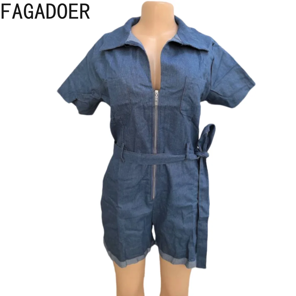 Fagadoer-macacões jeans com bolso para mulher, macacão jeans, manga curta, slim, com cordões e zíper, moda