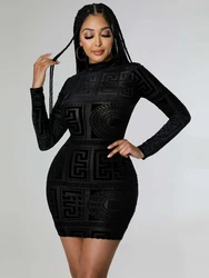 Women's long sleeved round neck dress with black high waisted flocked mesh patch zipper sexy and fashionable nightclub club club