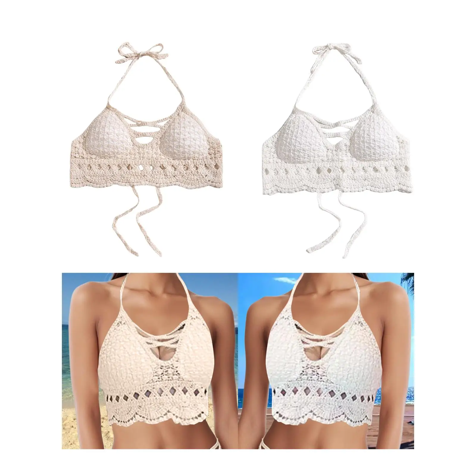 

Boho Beach Crochet Bra Fashion Ladies with Chest Pad Comfortable Backless for Club Travel Beach Vacation Water Activities