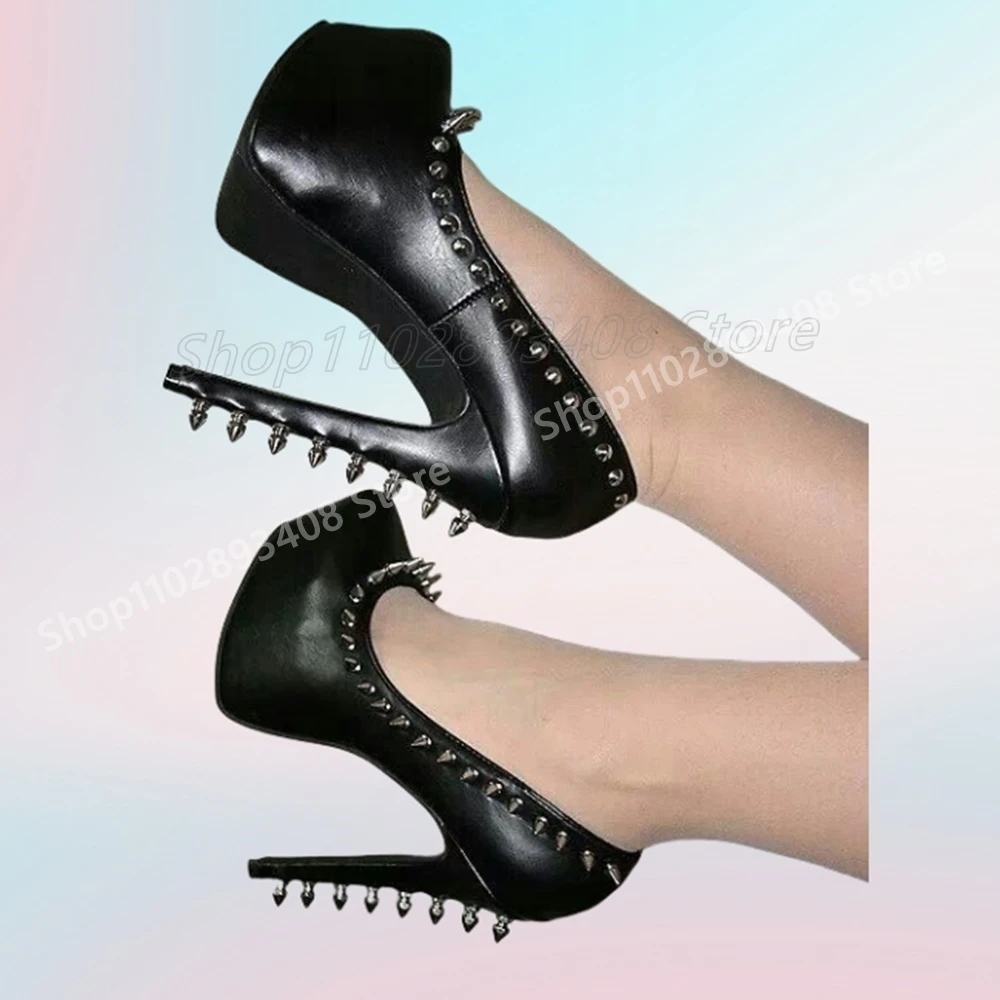 

Black Sexy Metal Rivets Decor Shallow Pumps Matte Leather Party Platform Stiletto High Heel Women Shoes 2025 Autumn Para Mujere