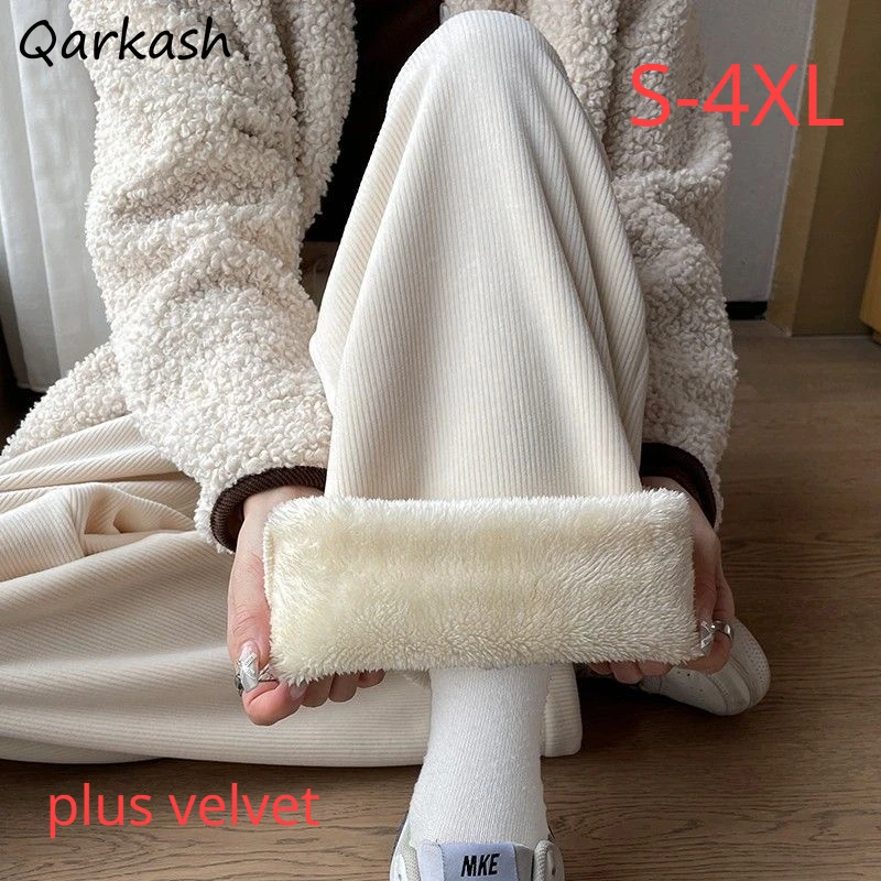 

Corduroy Winter Pants Women Straight Plus Velvet Thicker S-4XL Warm Sweet All-match Tender Ulzzang Students Streetwear Casual BF