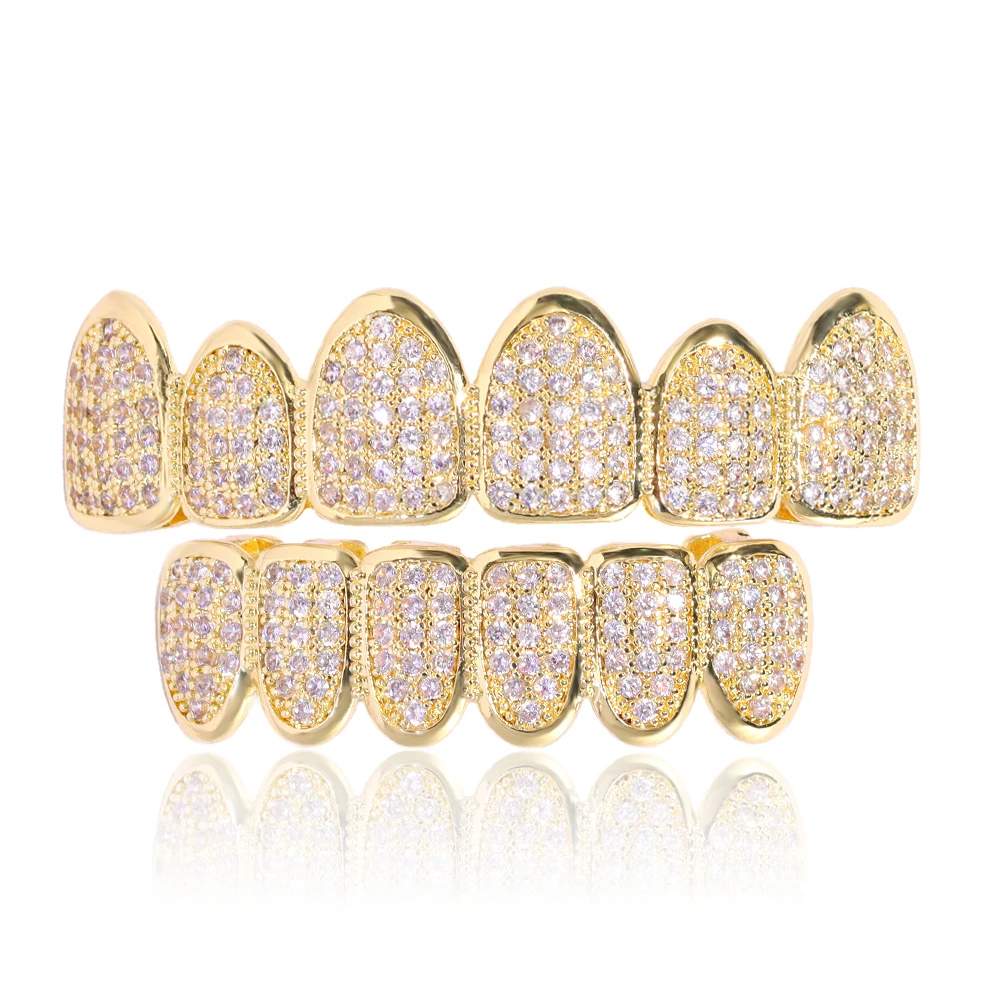 Gold Silver-Plated Iced Out CZ Teeth Grillz For Unisex Bling Full Zircon Pave Top&Bottom Grills Set Punk Hip Hop Dental Jewelry