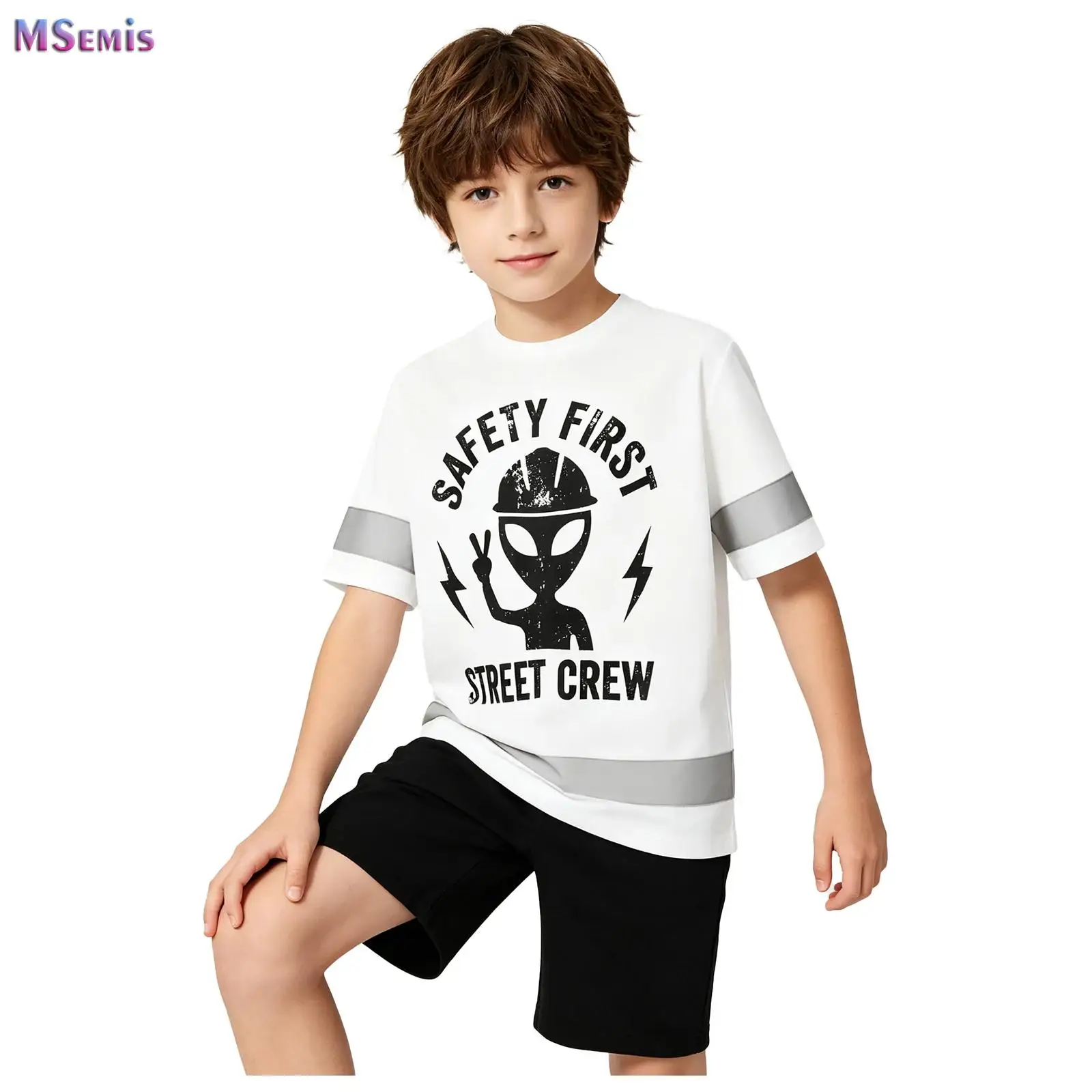 

Kids Alien Letter Print T-shirt Boys Girls High Visibility Strips Safety Shirt Running Outdoor Public Welfare Activity Costume