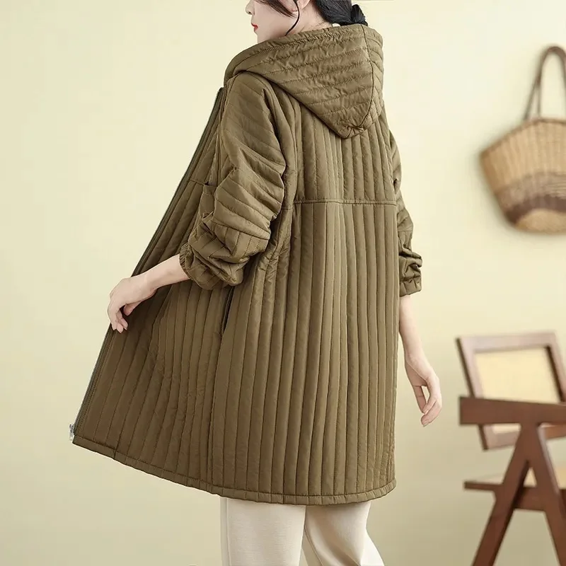 Autumn Winter Large Pocket Solid Color Cotton Jacket Hoodie Large Size Women's Versatile Medium Long Lightweight Coat w1403