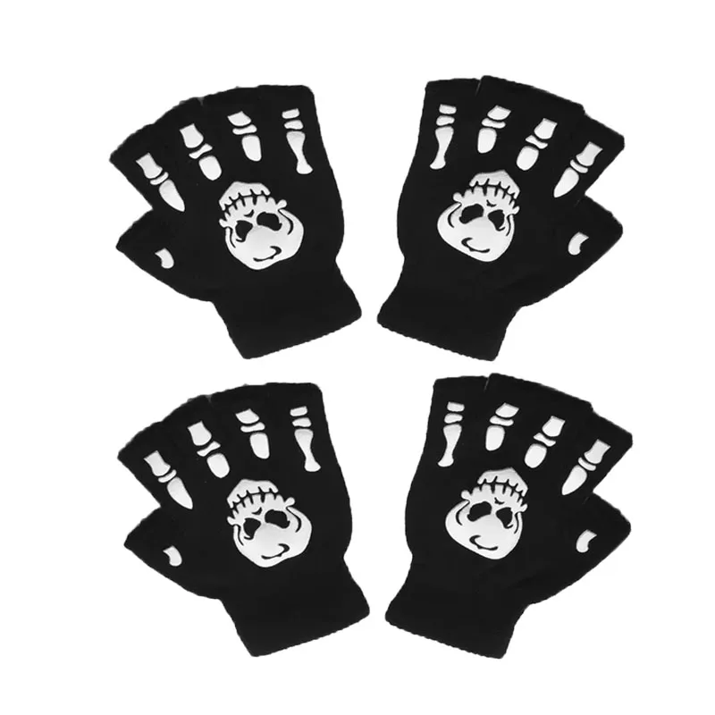 1/2/3/4 paar New Kids Halloween Skeletschedel Half Vinger Lichtgevende Punk Handschoenen Winter schedel Vingerloze Zwarte Wanten