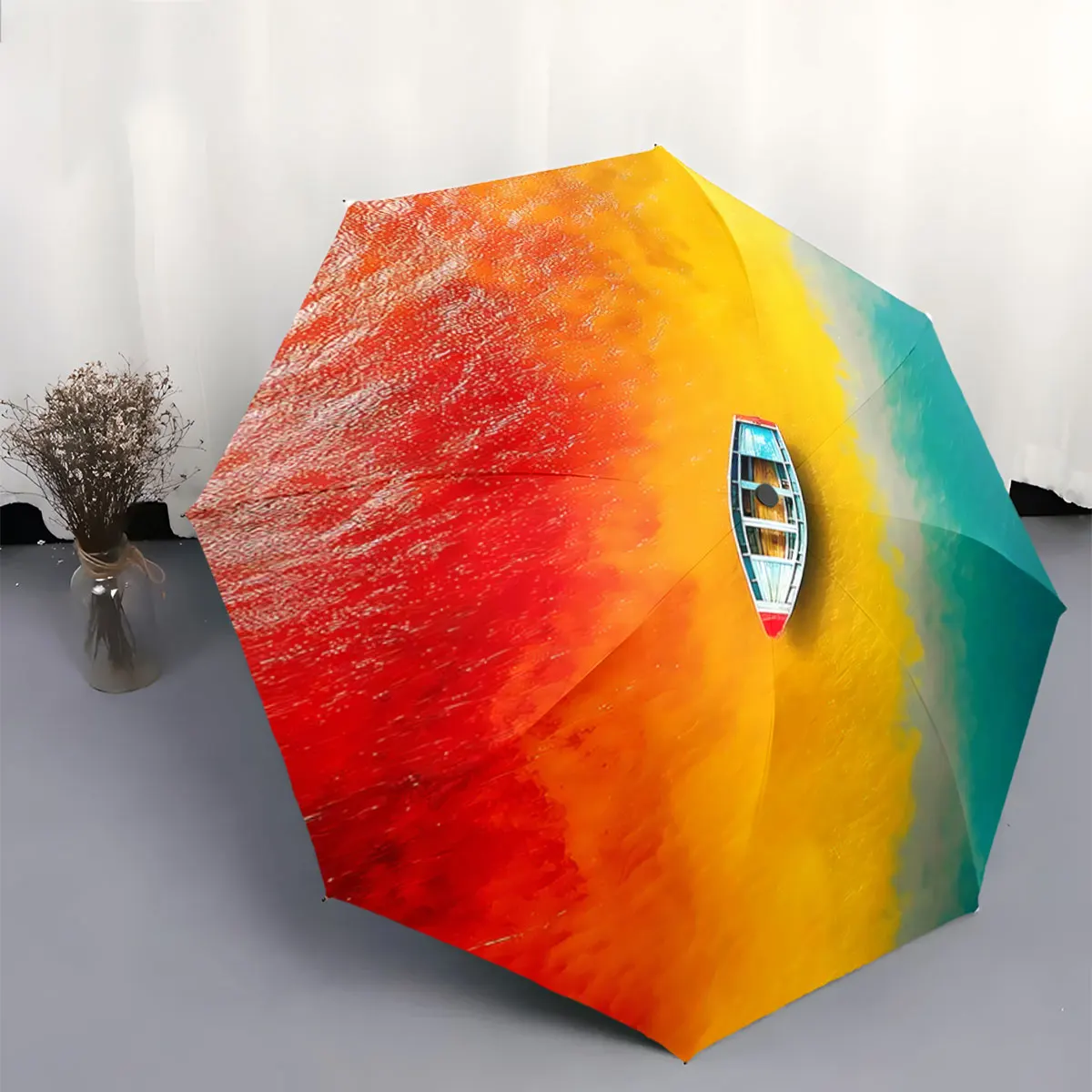 Colorful Boat on Vibrant Water Art Print Umbrella portable waterproof sun rain umbrella for outdoor travel beach