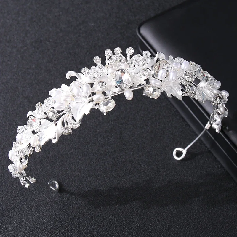 Silver color pearl crystal crown headband flower rhinestone gold tiara diadem party women bride wedding hair accessories jewelry