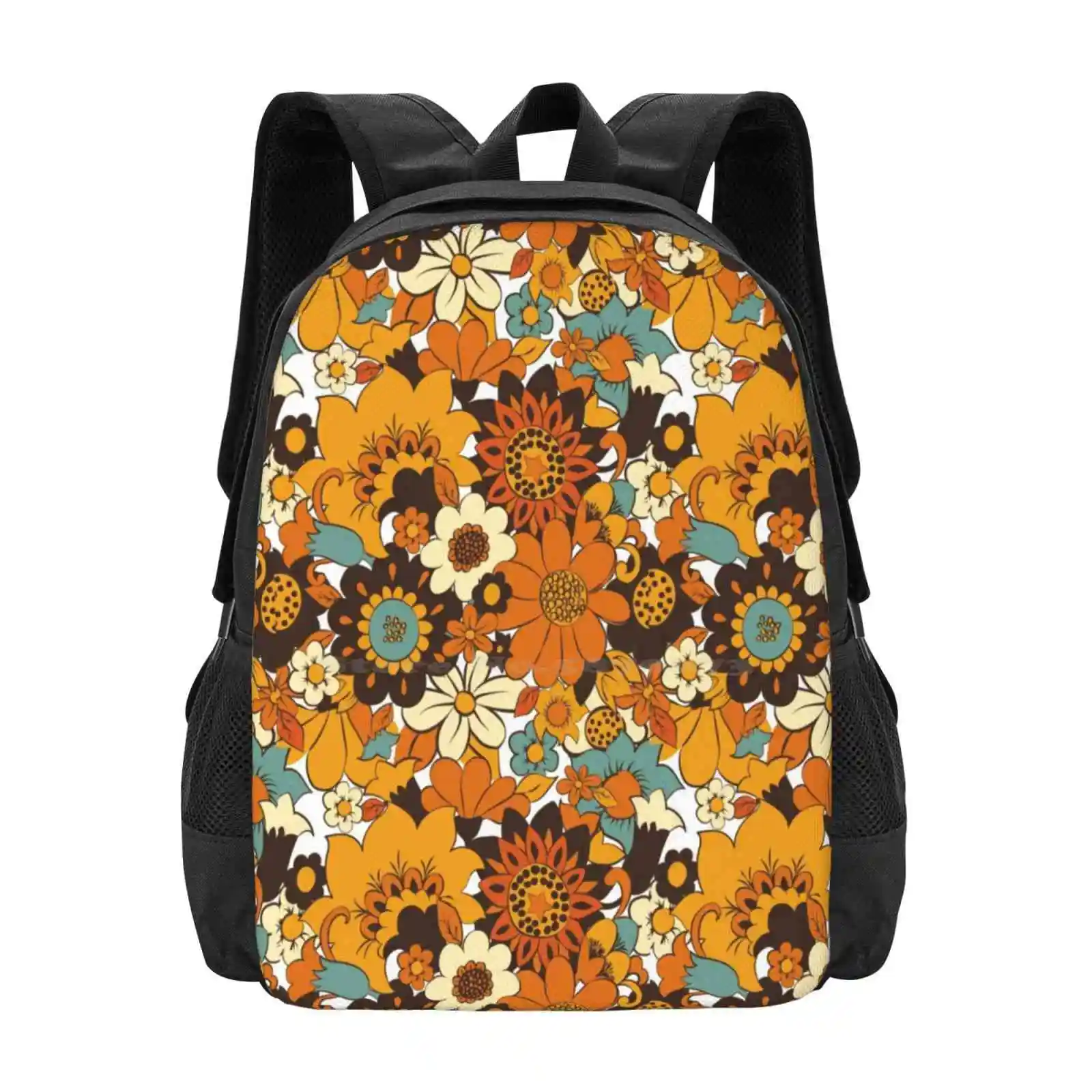 70S 60S Retro Flower Power , Floral Pattern 3D Print Design Backpack Student Bag Flower Power 70S Floral 70S Flowers 60S