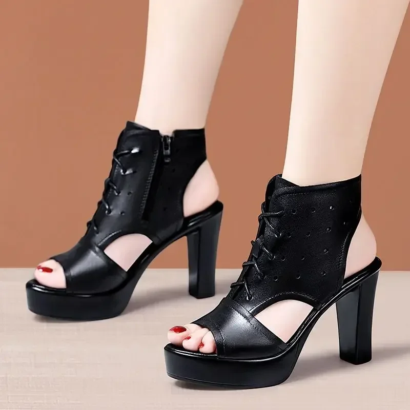 Small Size 32-43 Sexy Genuine Leather Sandals Women\'s Platform Shoes Summer 2024 Black Block High Heels Gladiator Sandals Office