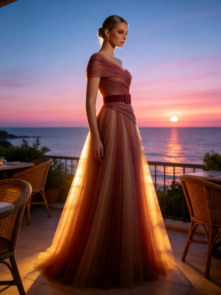 Customized OneShoulder Pleated Tulle Evening Dress With Belt A Line Floor Length Formal Party Gown Elegant Gradient Prom Dresses