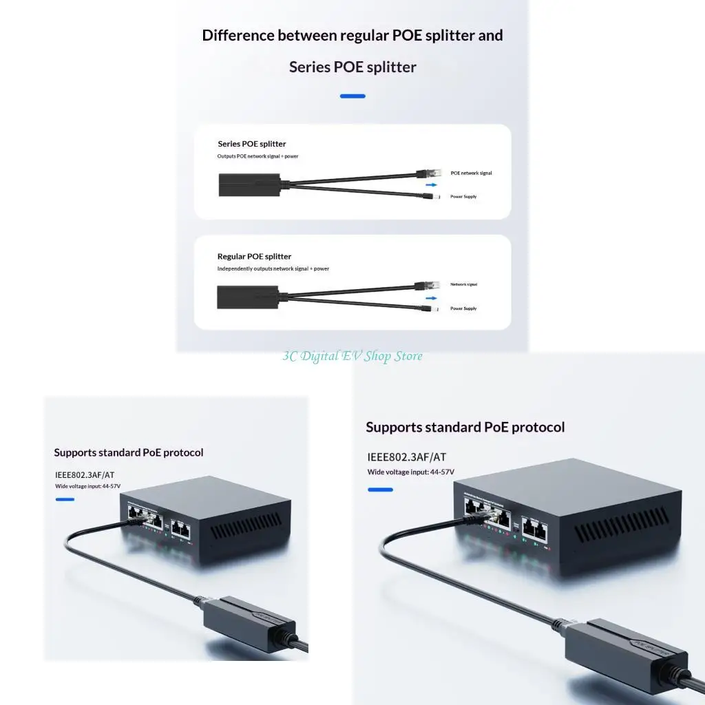

E74D Простая установка Гигабитный разветвитель POE от 48 В до 12 В POE DC5,5 x 2,1 мм, выход и простое подключение для