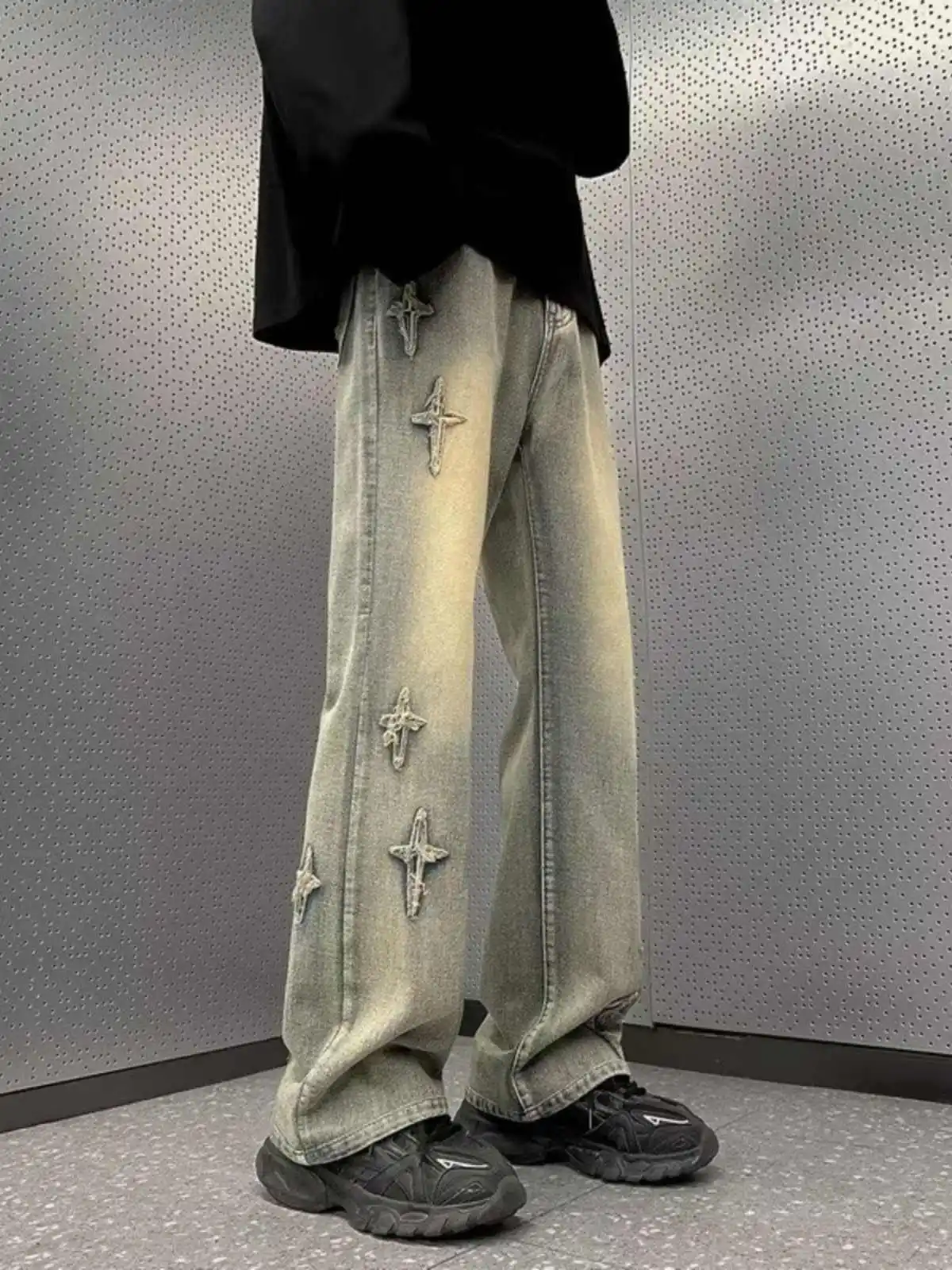 American High Street Washed Retro Cross Star Embroidered Jeans 2026 Women's Design Sense Loose Straight Leg Wide Leg Pants