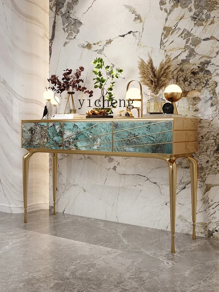 YY Style Light Luxury Console Green Luxury Stone Console Tables High Sense Entrance Cabinet