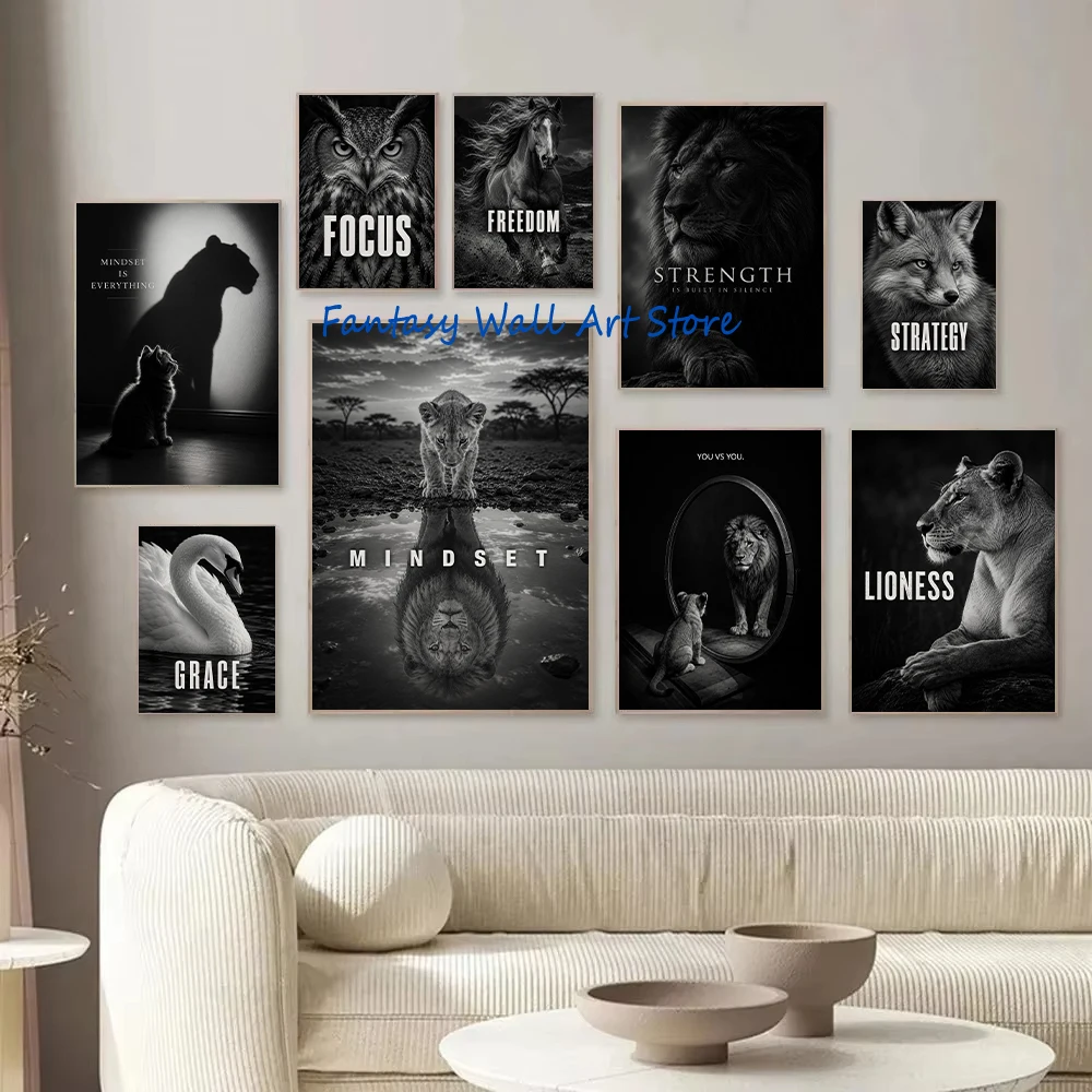 Animals Motivational Poster Black and White Inspirational Animal Strength Confidence Quote Wall Decor Canvas Prints for Bar Home