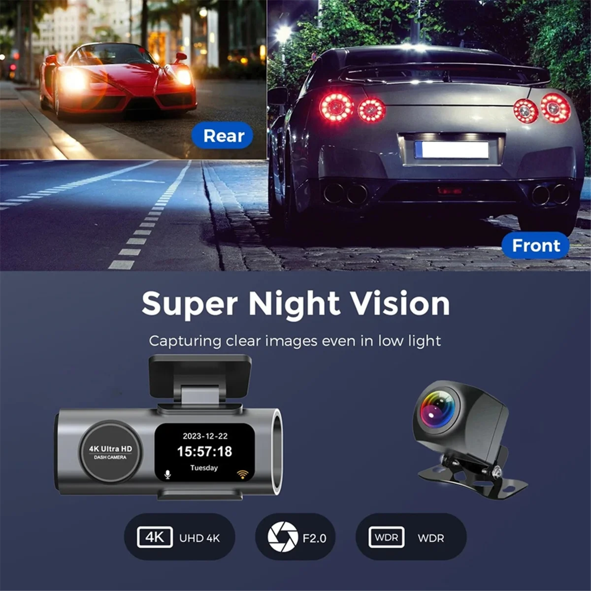 Dash Cam 4K Dashcam Mini Camera Recorder GPS Wifi 64G Parking Dual