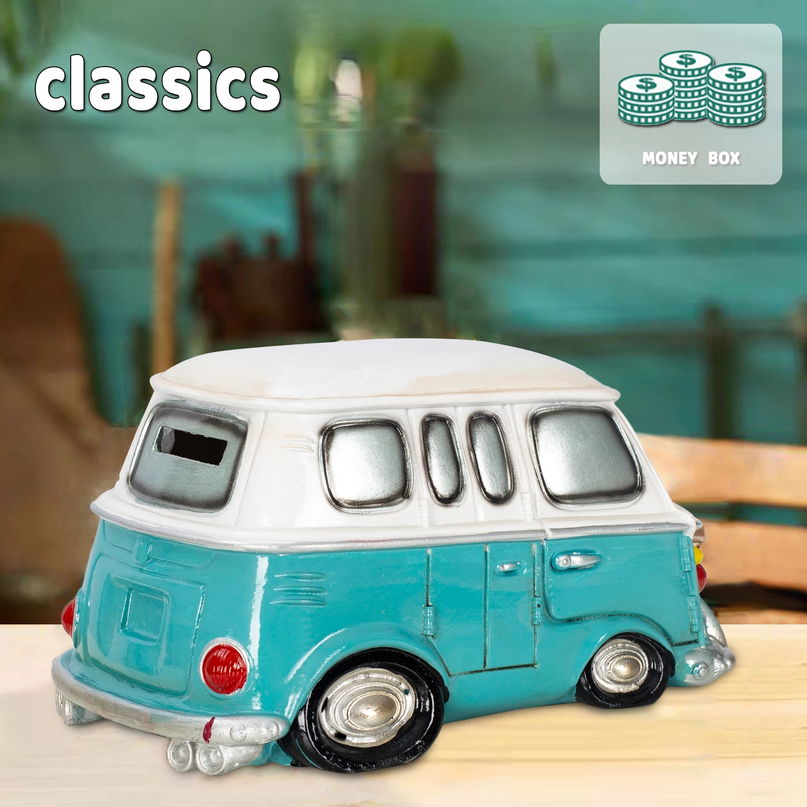 حافلة الهبي الكلاسيكية، حصالة على شكل حيوان قابلة للجمع، ديكور المكتب المنزلي، قطعة مركزية على الطاولة، عرض رف الكتب - بنك توفير بطابع السيارة #4