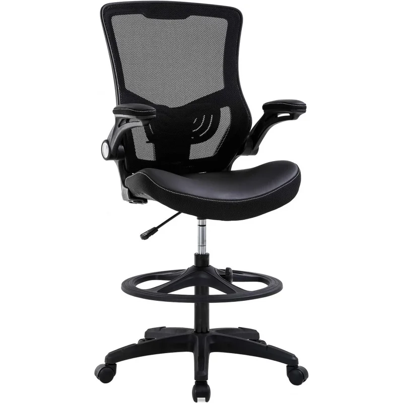

Ergonomic Mesh Drafting Chair Tall Office Stool with Flip-Up Arms, Footrest & Back Support, Black