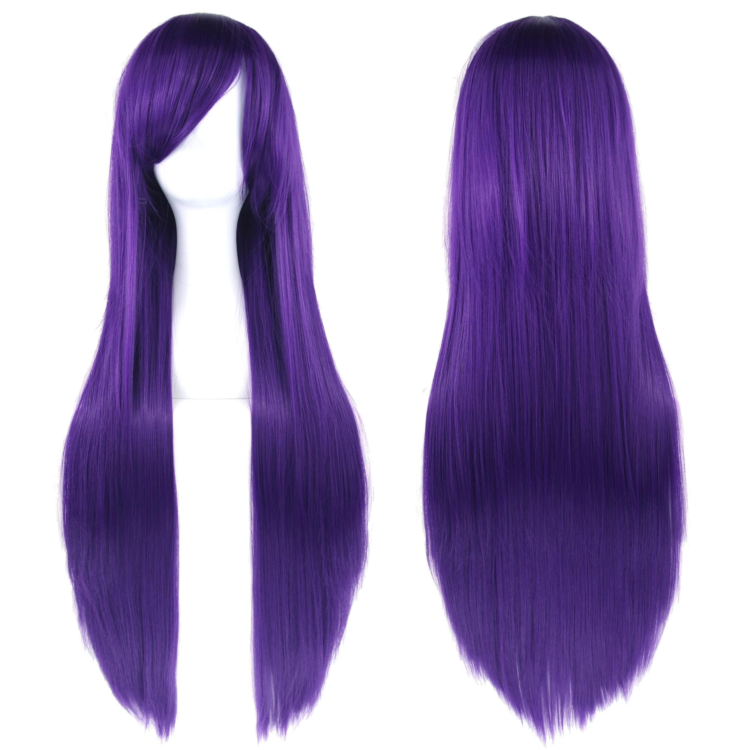 Soowee 80 cm langes Kunsthaar, weiß, lila, Cosplay-Perücken, Party, schwarzes Haar, gerade Perücke, Haarteil für Frauen
