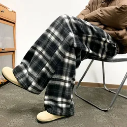 Winter Vintage Fleece Plaid Wide Leg Pants Men's Woolen Casual Thick Warm Pants Men Women Loose Straight Mopping Trousers