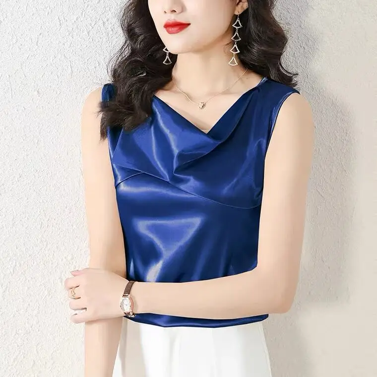 Blusa Elegante de Satén para Mujer, Estilo OL, Camisa de Seda, Cuello Oscilante de Lujo, Top Básico de Chifón, Camisetas de Moda Tallas Grandes
