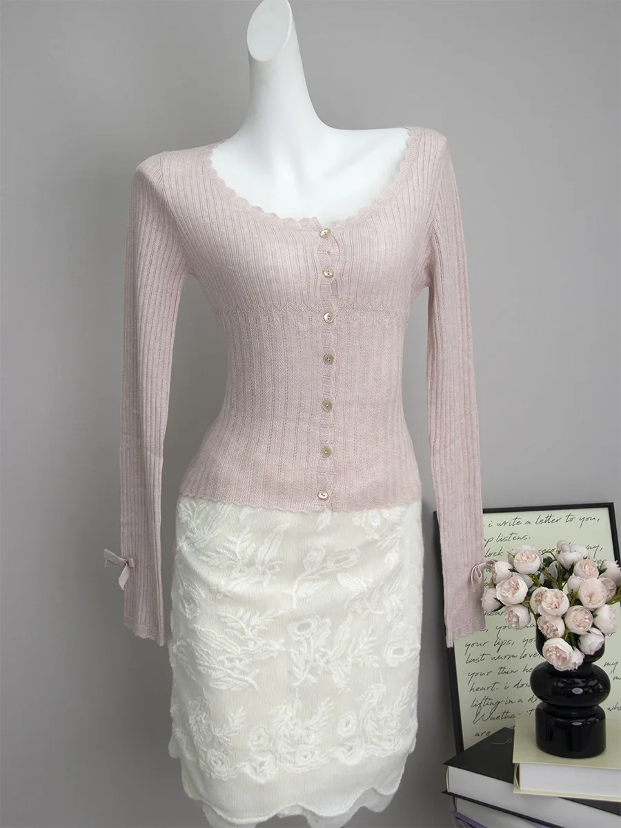 

Мягкий уютный вязаный свитер с длинными рукавами для женщин, облегающий, с высокой талией, на пуговицах, с круглым вырезом, однотонный, модный комплект