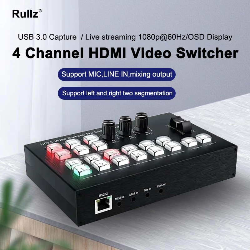 1080p 4 HDMI Video Mixer Switcher Broadcast Production Station Support Multi Camera Live Streaming USB 3.0 Video Capture Record
