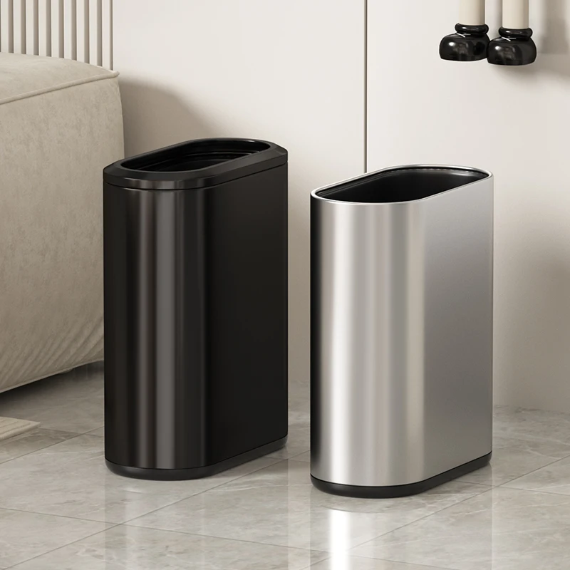 9L/2.4Gal Stainless steel trash can without lid ，Light luxury metal narrow trash bin for bathroom,bedroom,toilet,office,hotel