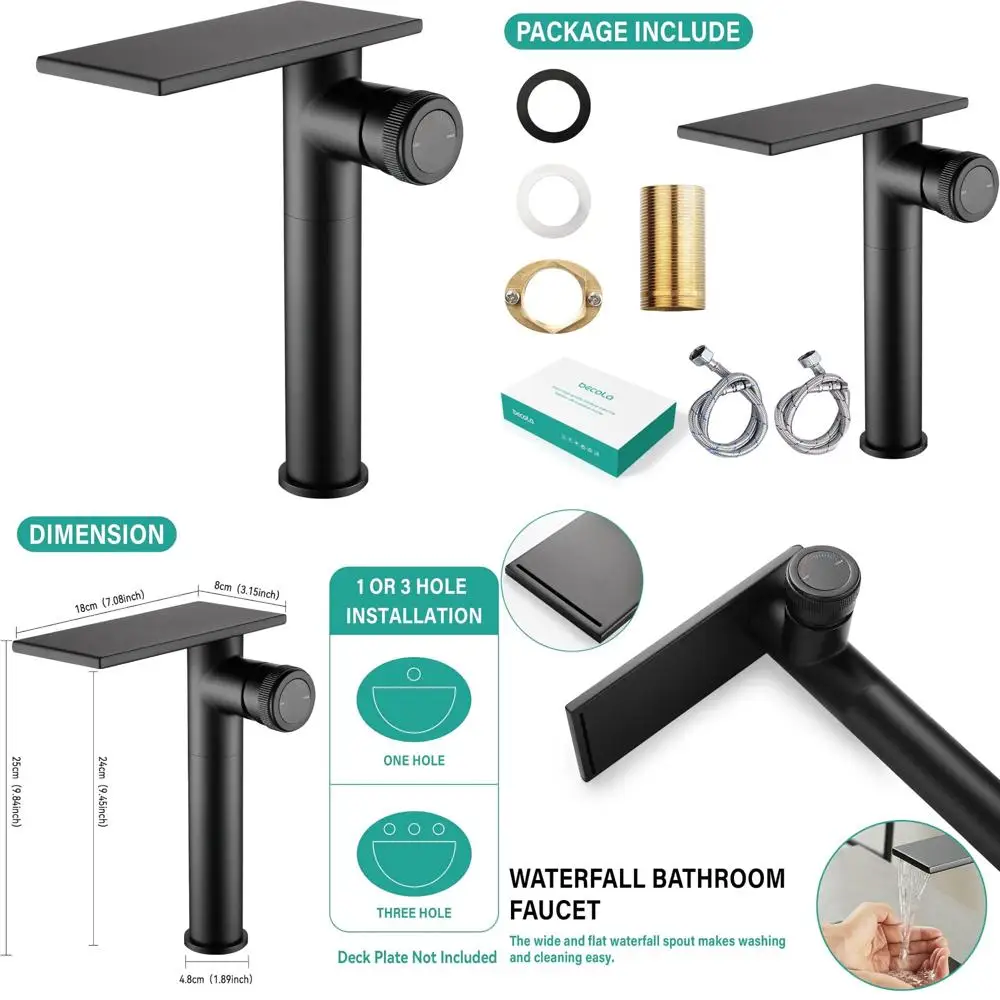 

Waterfall Style Matte Black Bathroom Sink Faucet - Single Hole Cold and Hot Mixer Tap with Tall Design for Modern Basins