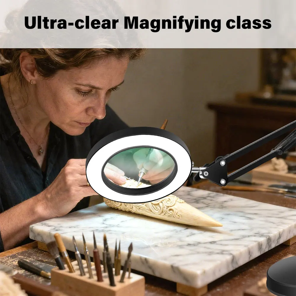 Desktop Magnifying Glass with 10X Magnification and LED Lighting - Foldable Desk Lamp with USB Power for Repair and Reading