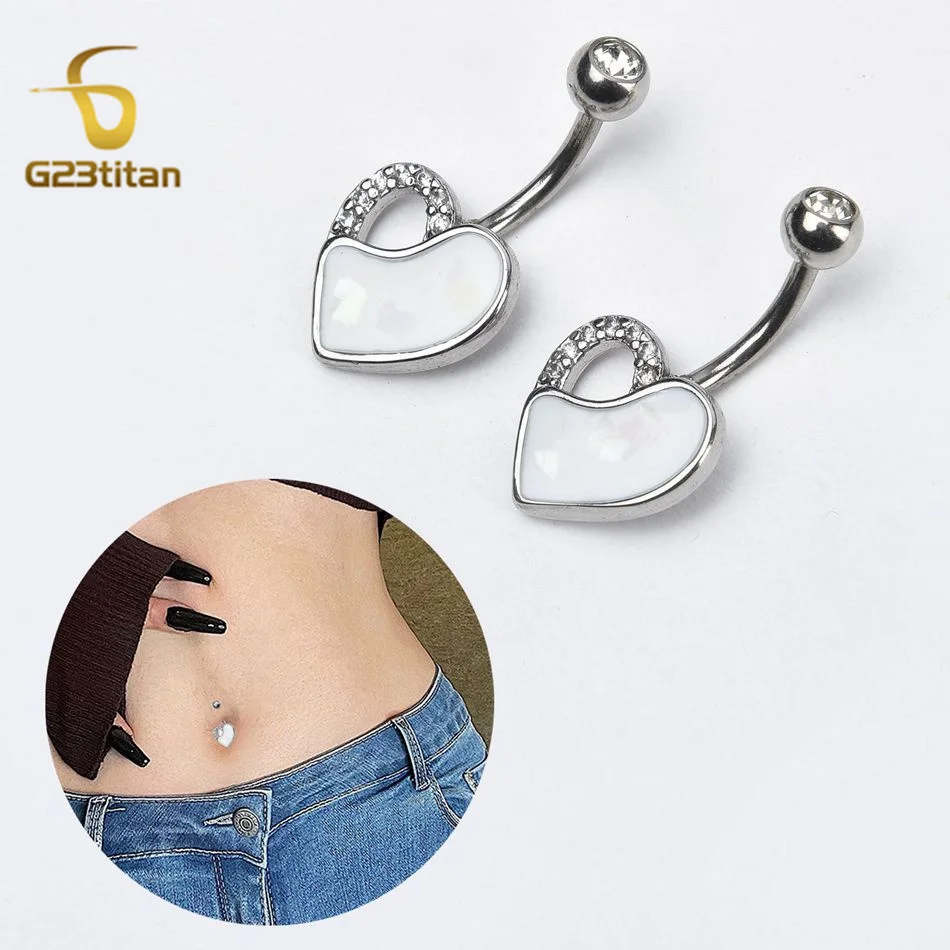 G23titan Women Fashion 14G Stainless Steel or Titanium Navel Piercing Jewelry Zircon White Love Heart Decor Belly Button Rings