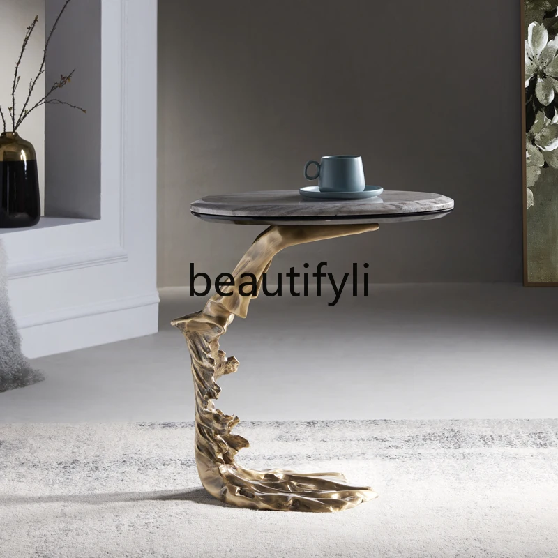 

Light Luxury Art Modern Marble Side Pure Copper Corner Table Small Apartment Coffee Table Model Room