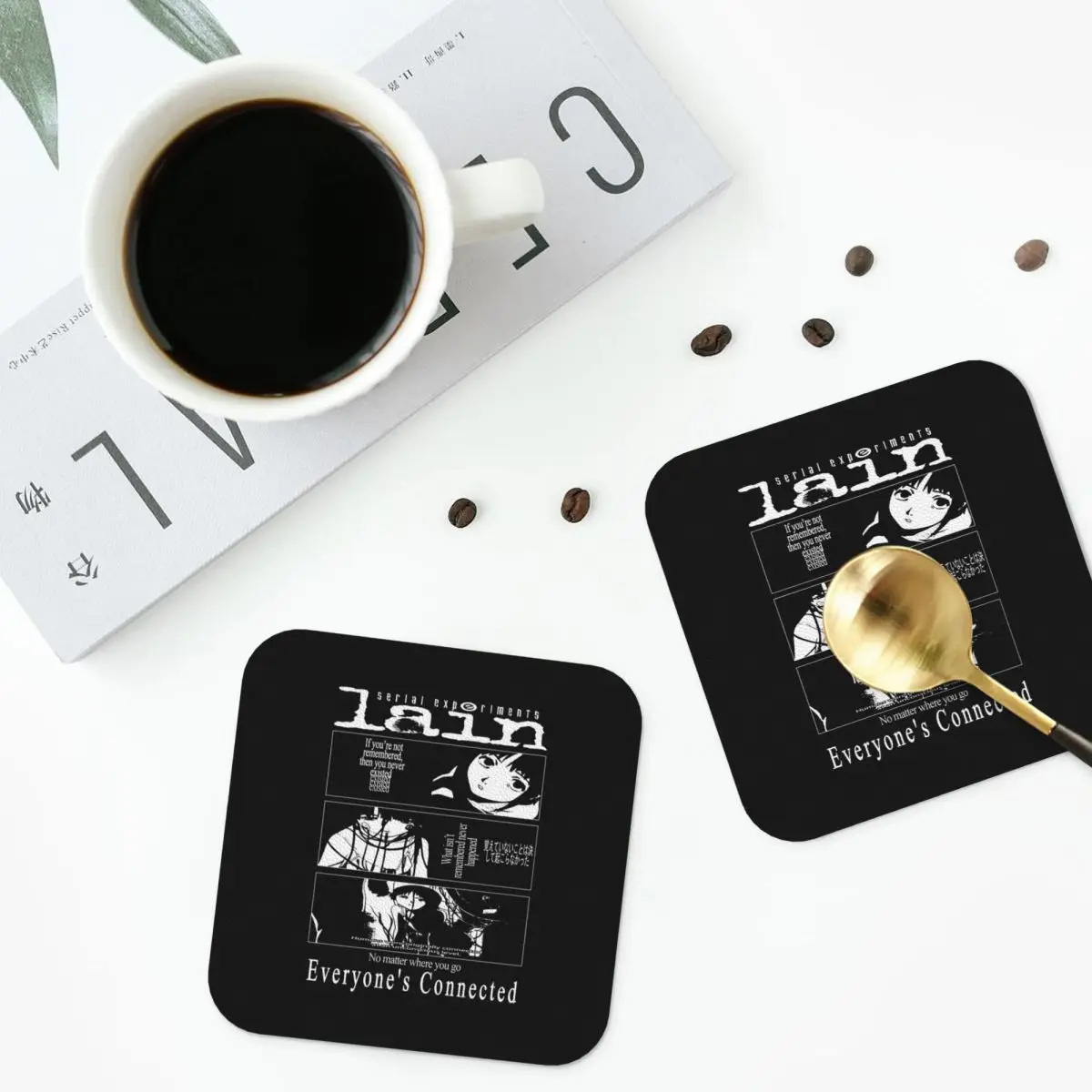 Serial Experiments Lain Coasters PVC Leather Placemats Non-slip Coffee Mats for Home Kitchen Dining Pads Set of 6