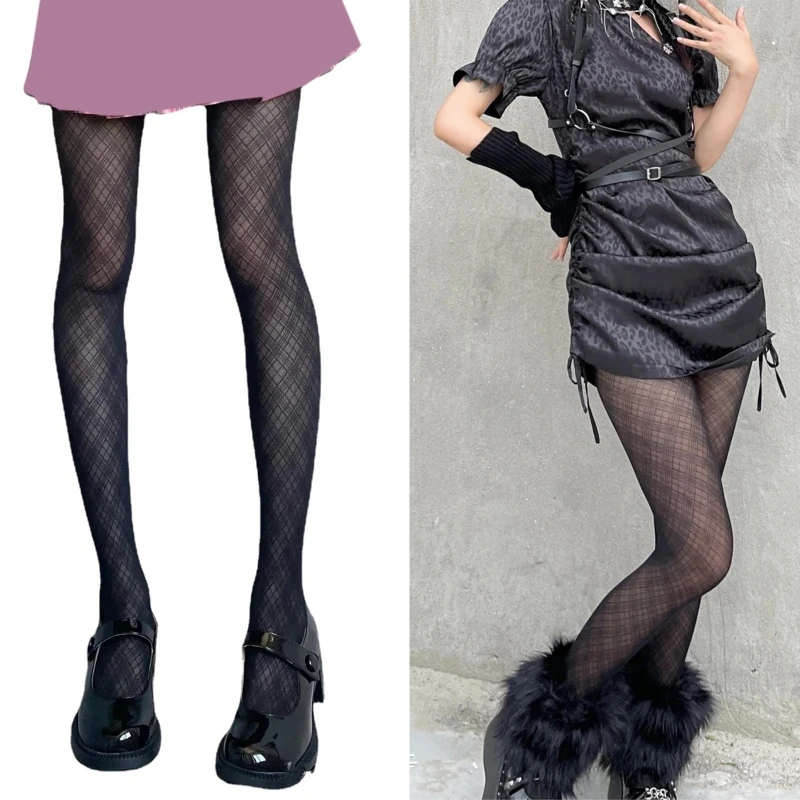 Womens Sexy Black Silky Pantyhose Harajuku Japanese Vintage Argyle Checkered Diamond Plaid Patterned Tights Drop Shipping