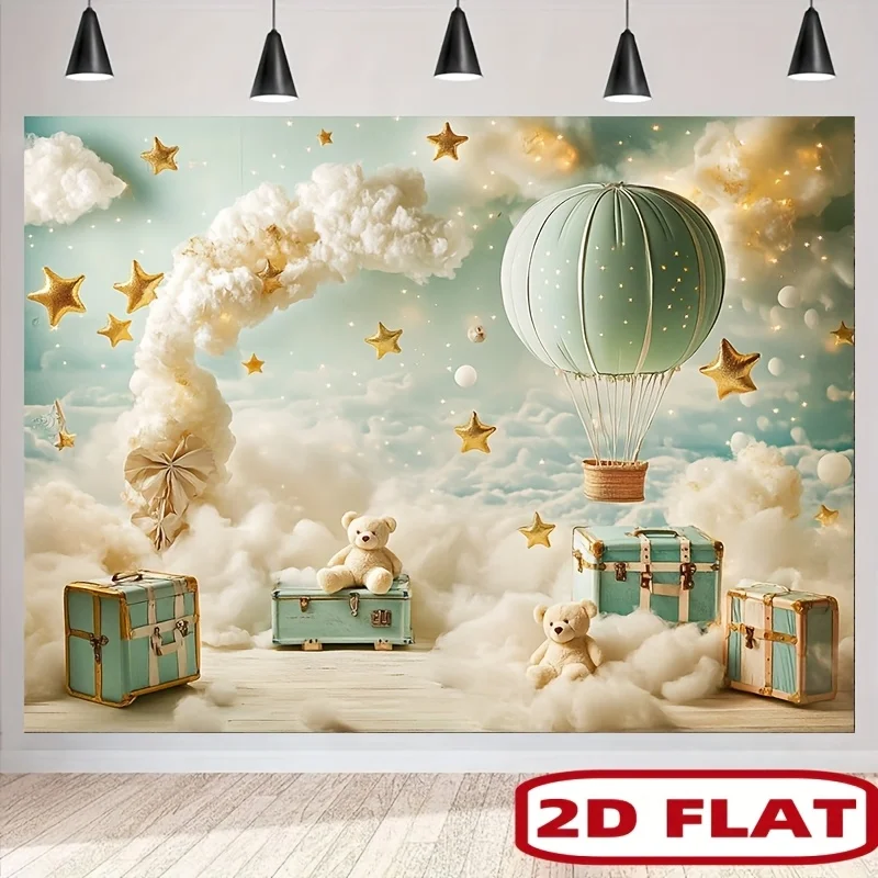 Dreamy Hot Air Balloon and Teddy Bear Cloud Tapestry Whimsical Wall Decor Art Boho Nursery Kids Room Hanging Poster Canvas Print