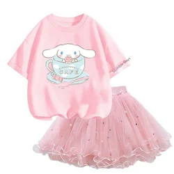 Anime Cinnamoroll T-shirt Tutu Mesh Skirt Fashion Girls Barbies Dress 2pcs Outfits Pretty Little 3-14y Kids Tshirt Set