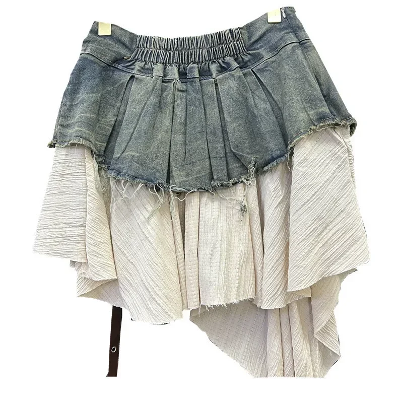 Retro Splicing Denim Pleated Skirt Women's Summer New Temperament Girl Fashionable High Waist A Line Skirt Denim Skirt 2025