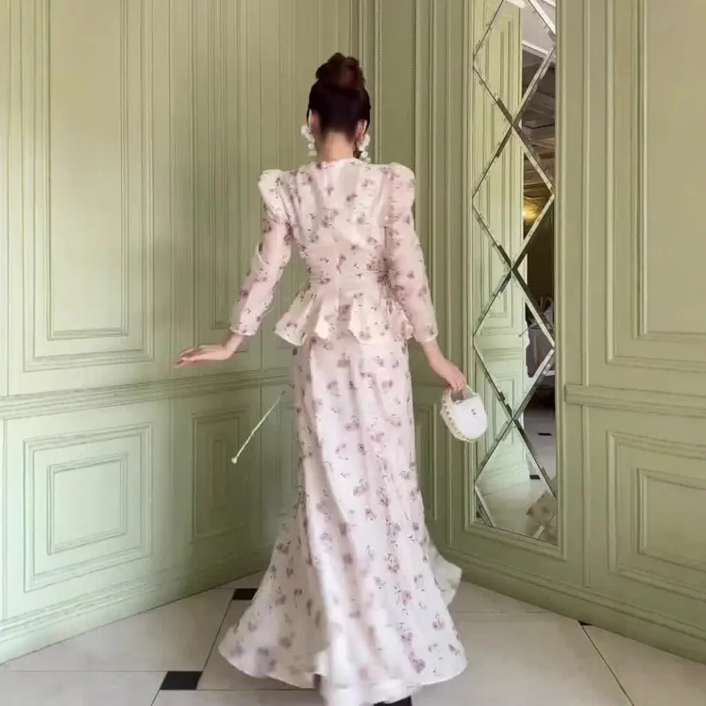 

Spring Floral Elegant Long Sleeve Top Skirt Set Soft Smart Women's Suit from Europe And the United States