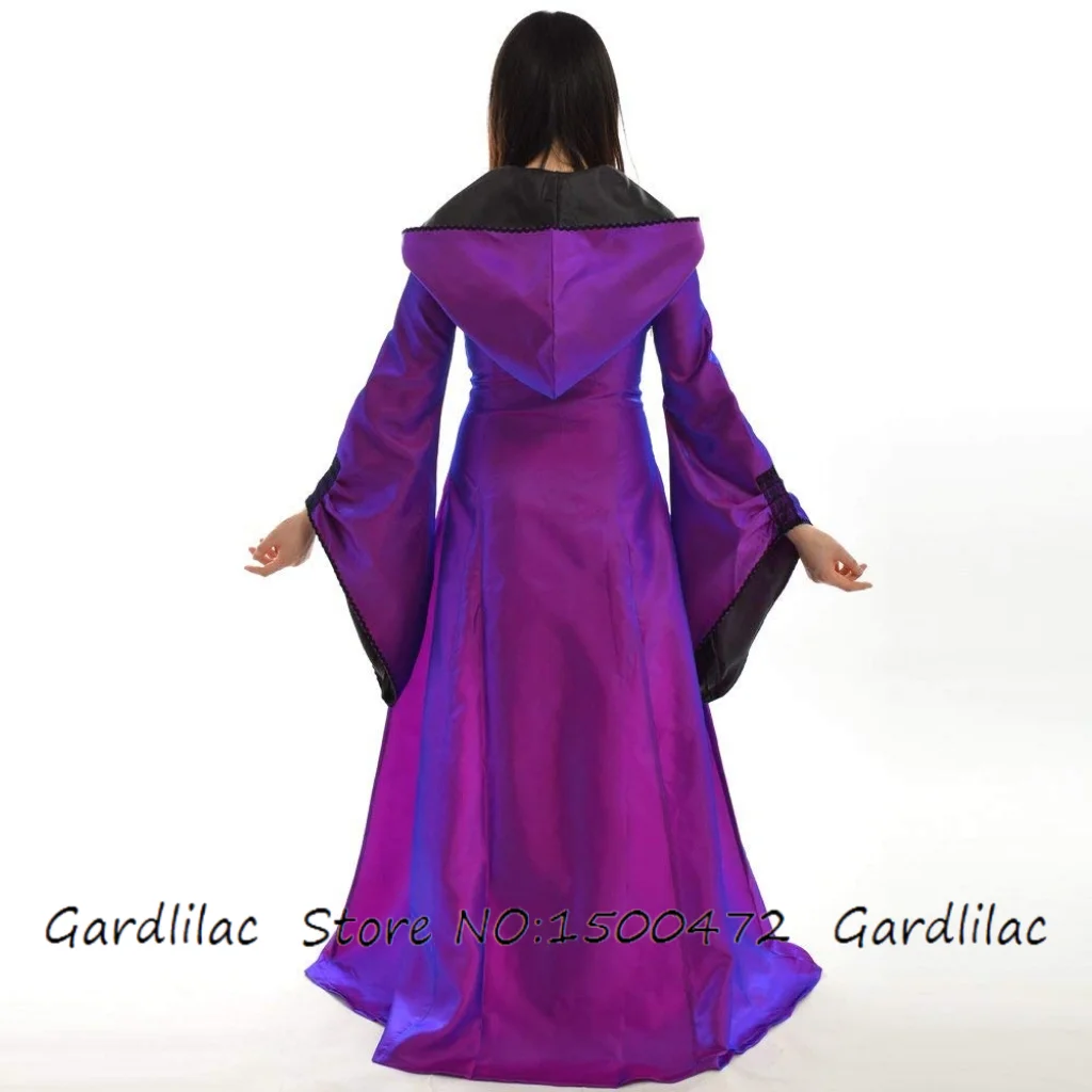 فستان نسائي طويل على الطراز القوطي الساحرة برباط علوي فستان بقلنسوة عتيق زي الهالوين التنكري بقلنسوة #3