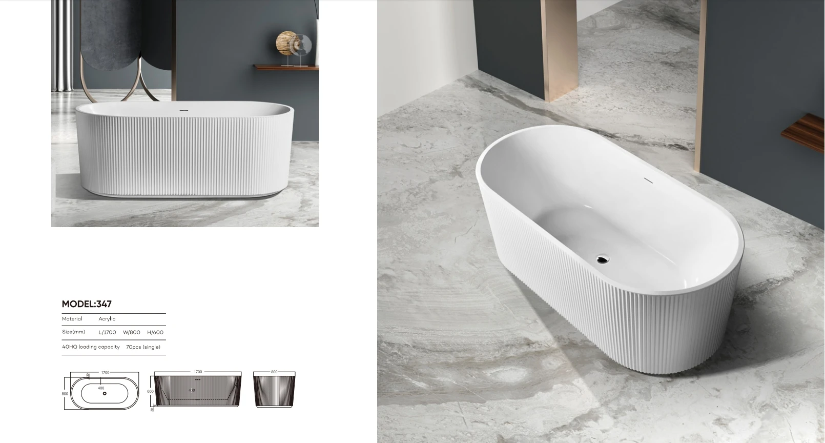 Striped Design Groove Fluted Freestanding White Surface Bathtub Free Standing Bath Tub