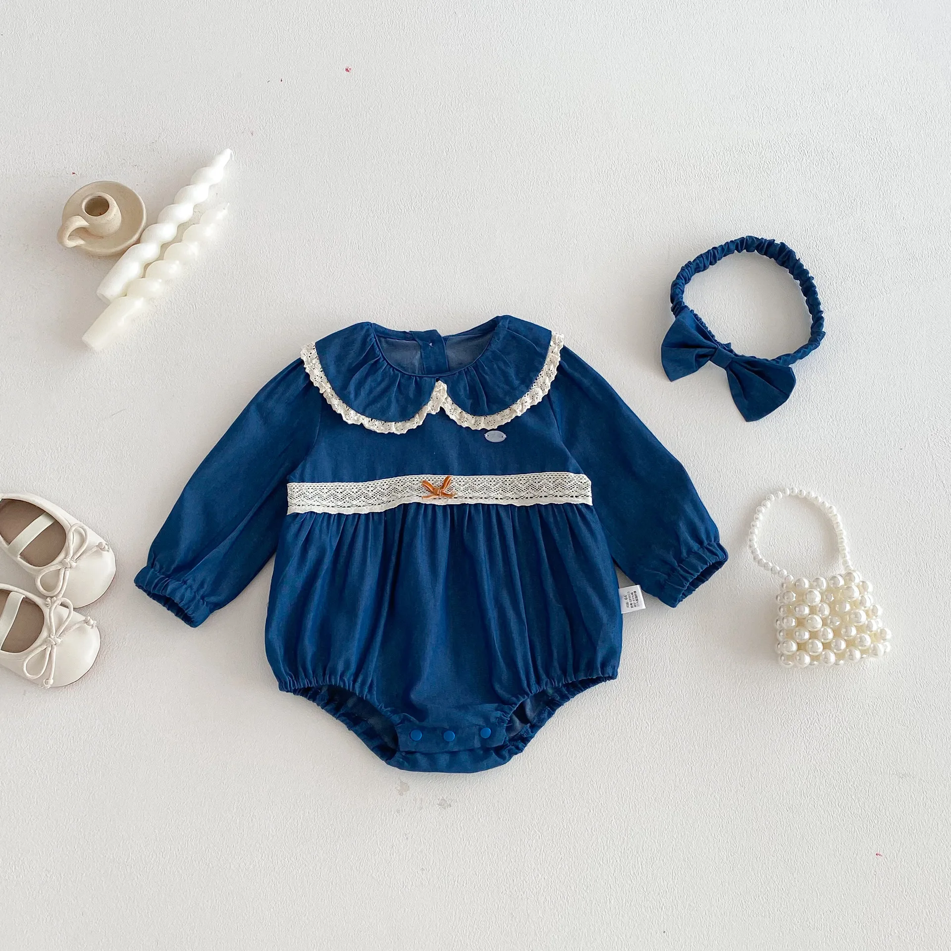 

Baby Girl Jumpsuit Lace Denim for Spring and Autumn Stylish Outdoor Korean Long Sleeved Rompers 2025 New