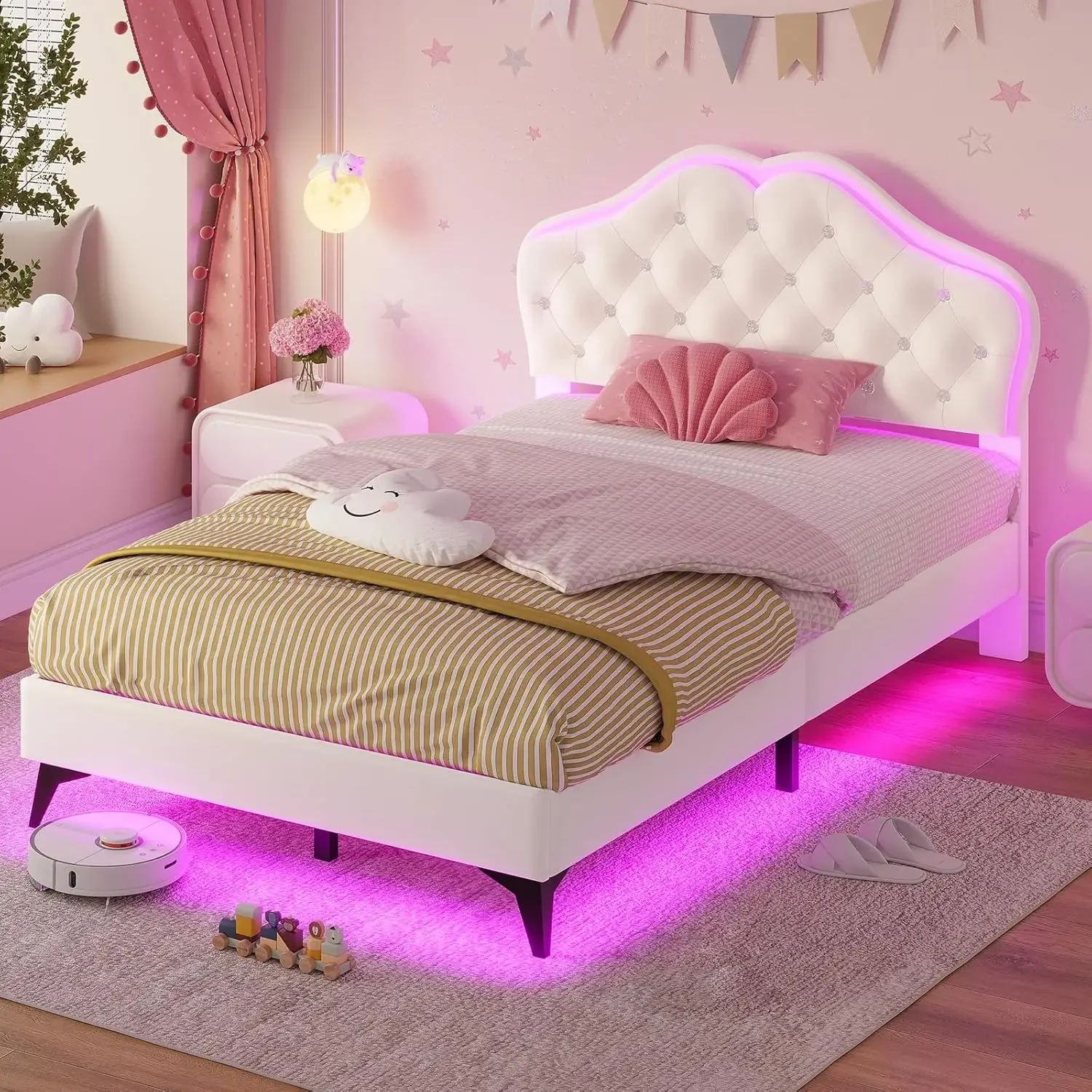 Twin Bed Frame with RGB LED Lights, Princess Bed Frame with Adjustable Crystal Button Headboard, Velet Upholstered