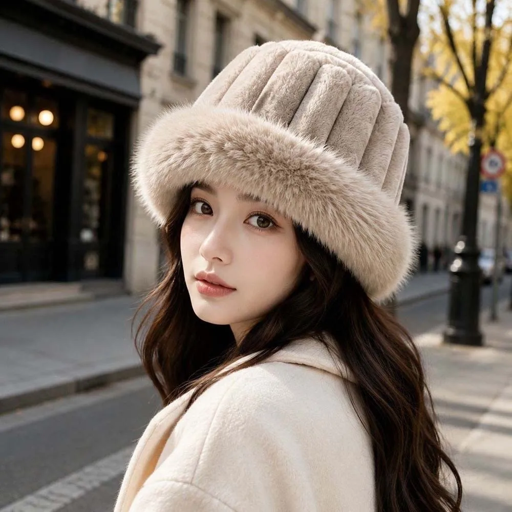 Vertical Texture Striped Fur Hat Faux Fur Brim Windproof Plush Trapper Hats Fleece Lining Solid Color Puffy Bucket Cap Commuting