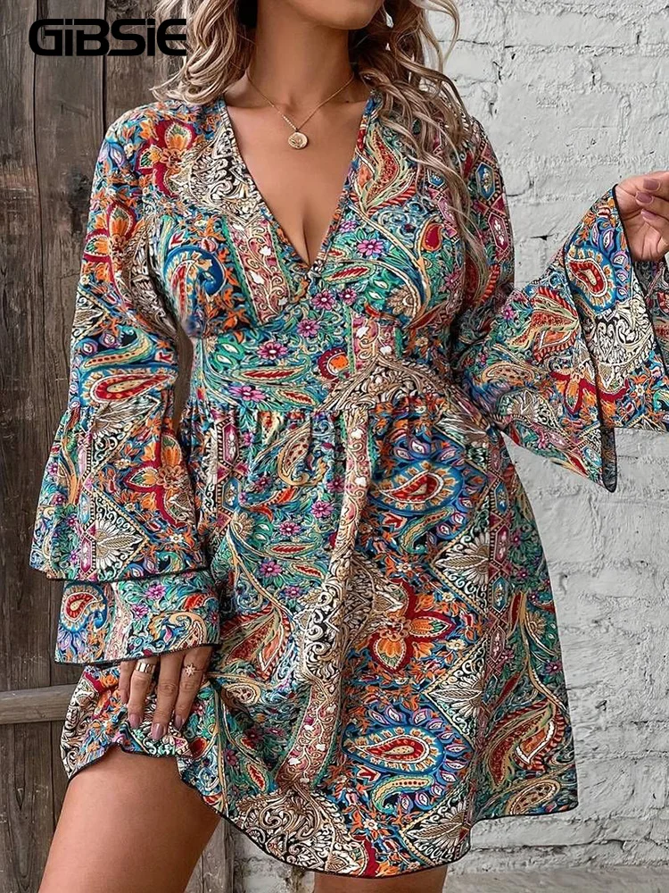 

GIBSIE Plus Size Ethnic Style Print Boho Mini Dress Women Spring Autumn V-neck Layered Flare Sleeve A-Line Dresses 2024 New